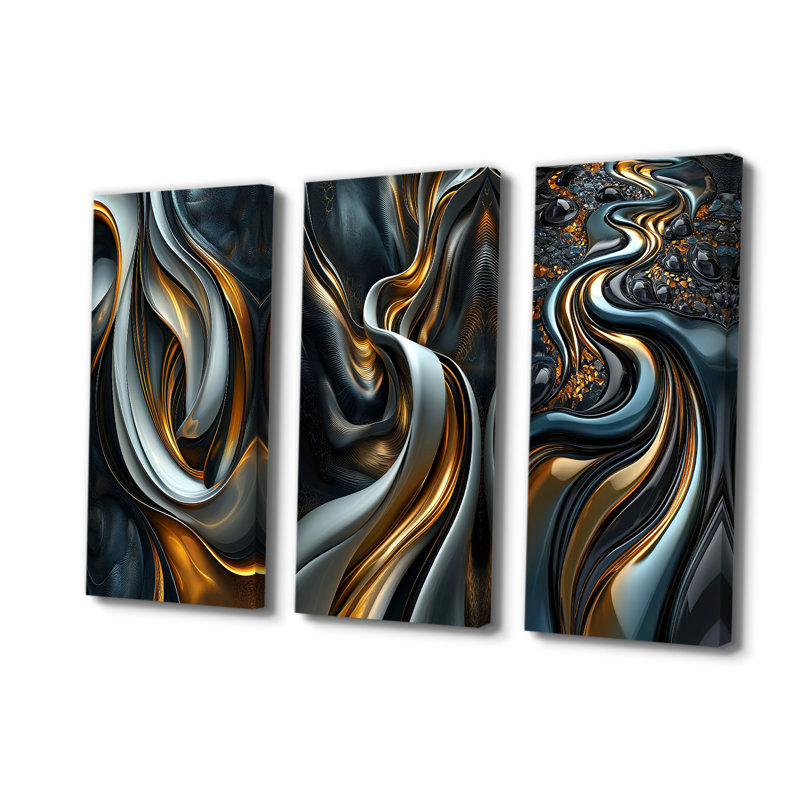 Tourbillon abstrait dans des tons d'or et de noir I - Collection d'art mural moderne, 28" H x 36" W, Toile tendue