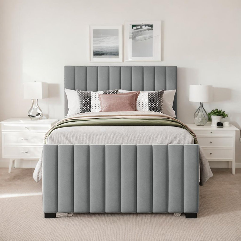 Lit plateforme en velours avec lit gigogne simple Modern, Gris, Lit simple