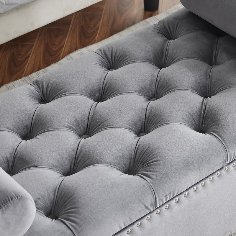 Upholstered Storage Bench, Queen Velvet Button Bedside Bench, Entryway Living Room With Armrests, Nailhead Trim, Gray