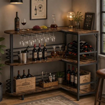L-Shaped Bar Table with Wine Glasses Holder