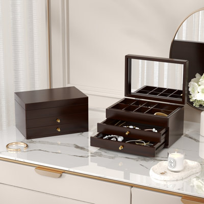 3-layer Vintage Bamboo Jewelry Box Desktop Storage Box Accessory Storage Cabinet with Mirror