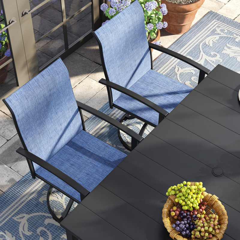 6-Person Rectangular Patio Dining Set With 360° Swivel PVC-coated polyester Chairs, Black/Blue
