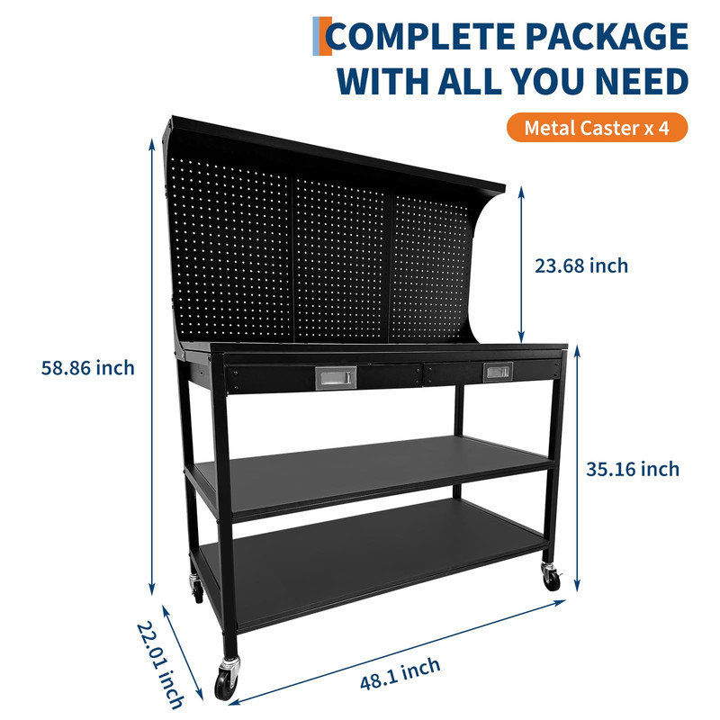Établi de garage roulant 48 po x 22 po avec panneau perforé, tablette en métal à 3 niveaux et 2 tiroirs - capacité de 220 lb