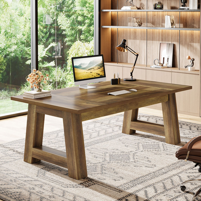 Modern Rustic Executive Desk, Long Computer Desk, Rustic Brown