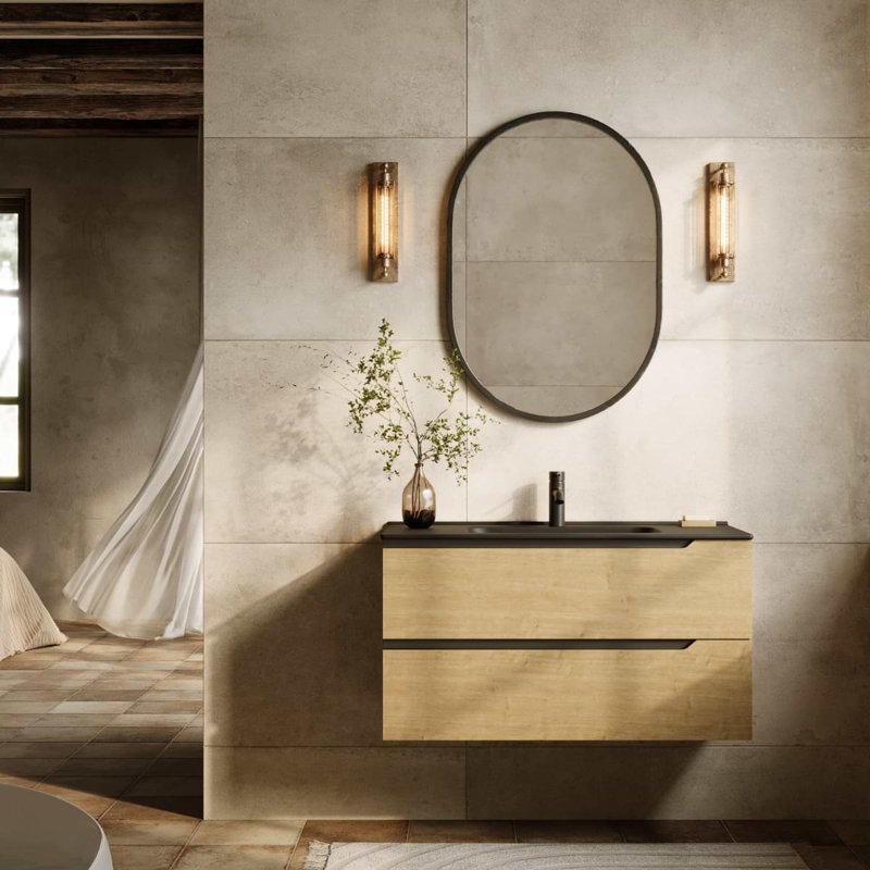 Duo 24" Single Vanity With Integrated Ceramic Top, Blonde Wood, Black, 40"