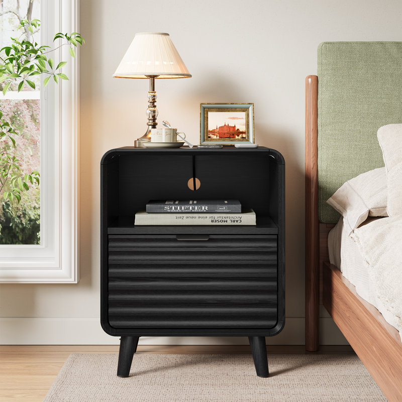 Modern End Table with Storage Cabinet & Built-in Charging Station for Living Room Bedroom, Black
