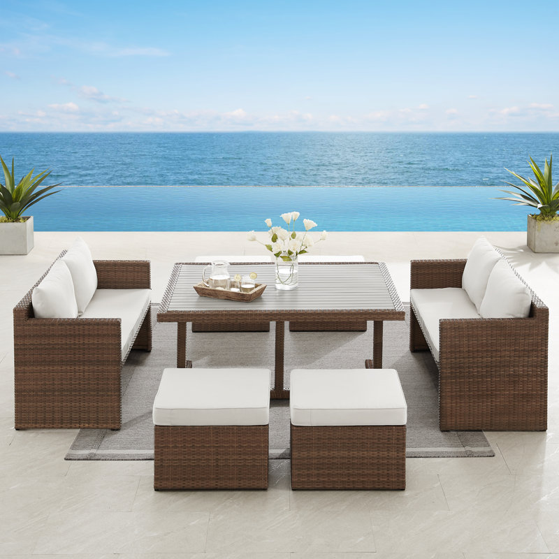 Grose 7-Piece Aluminum and Wicker Outdoor Dining Set, Brown Frame/Beige Cushion
