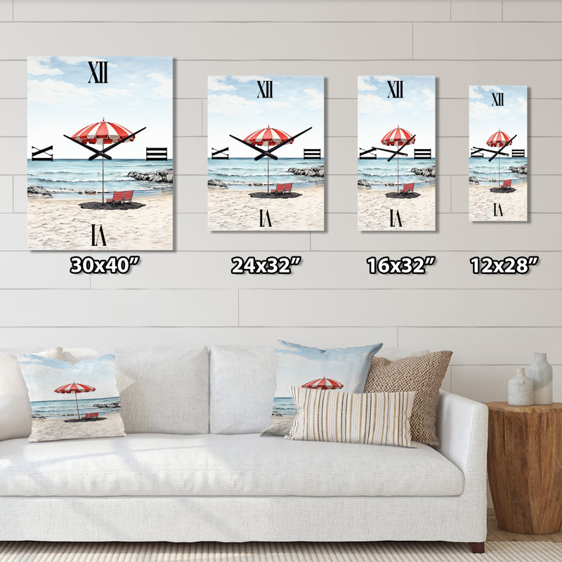 Parasol de plage rouge côtier II - Horloge murale nautique et de plage, H 32 po x l 24 po x P 1 po