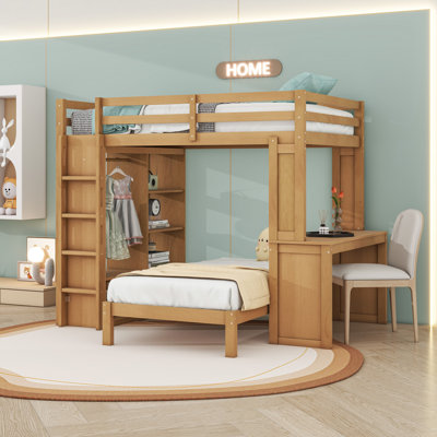 Wood Bunk Bed With Removable Lower Bed, Built-In Desk, Shelves And Wardrobe