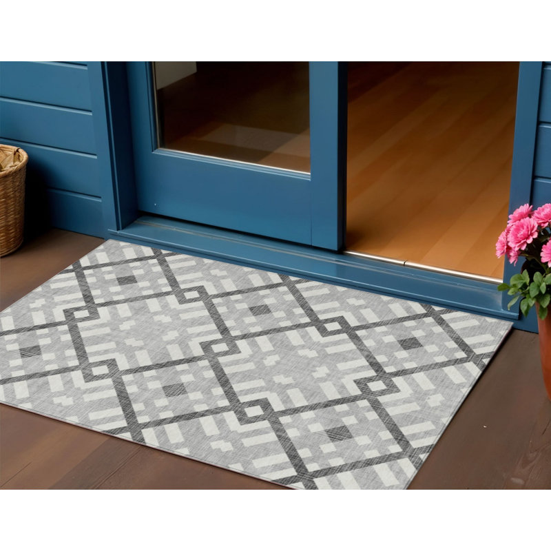 3' X 5' Gray Charcoal And Ivory Geometric Washable Indoor Outdoor Area Rug