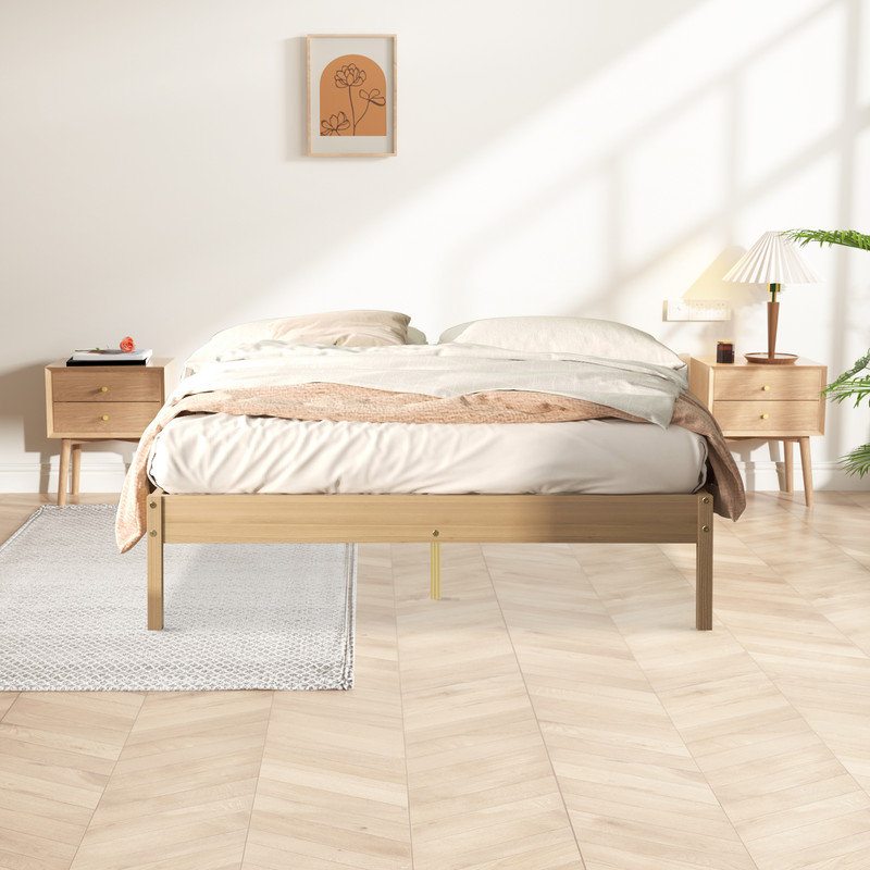 Base de lit plateforme en bois massif Tilon, Gris, Lit double