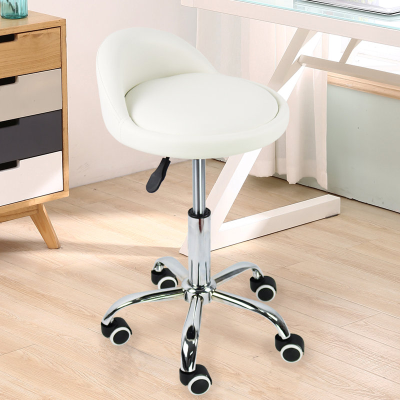 Tabouret de laboratoire rond réglable en hauteur en similicuir avec repose-pieds, Blanc