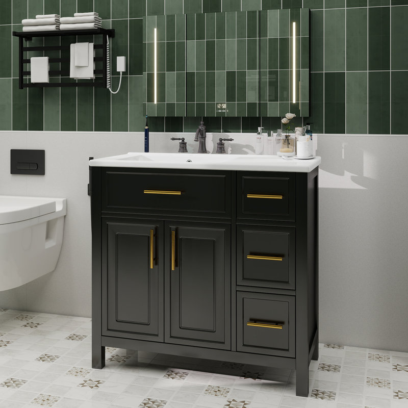 Meuble-lavabo 36 po avec comptoir d'évier, meuble-lavabo avec deux portes et trois tiroirs, bois massif, panneaux de fibres à densité moyenne, un paquet