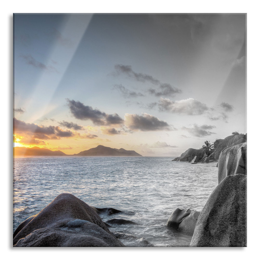 Glasbild Quadratisch | Wandbild Auf Echtglas | Sonnenuntergang Seychellen Inkl. Aufhängung Und Abstandshalter GLAS_LQy17...