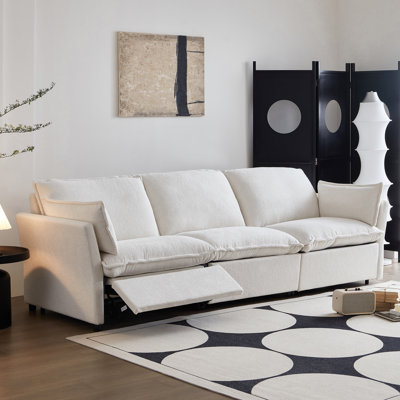 Modern Chenille Power Reclining Sofa Couch, Three Motor with Independent Control for Each Seat, White 3 Seat Recliner Sectional Couch with Console and USB Ports for Living Room
