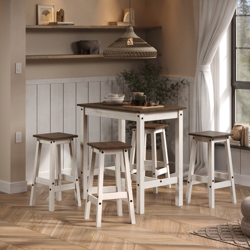 Poppy-Jo 4 - Person Pine Solid Wood Top Four Leg Base Dining Set, Brown/Antique White