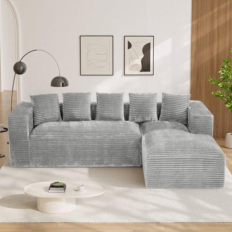 Canapé modulaire surdimensionné avec coussins Adame Boneless Compression, Velours côtelé gris pâle, Forme en L