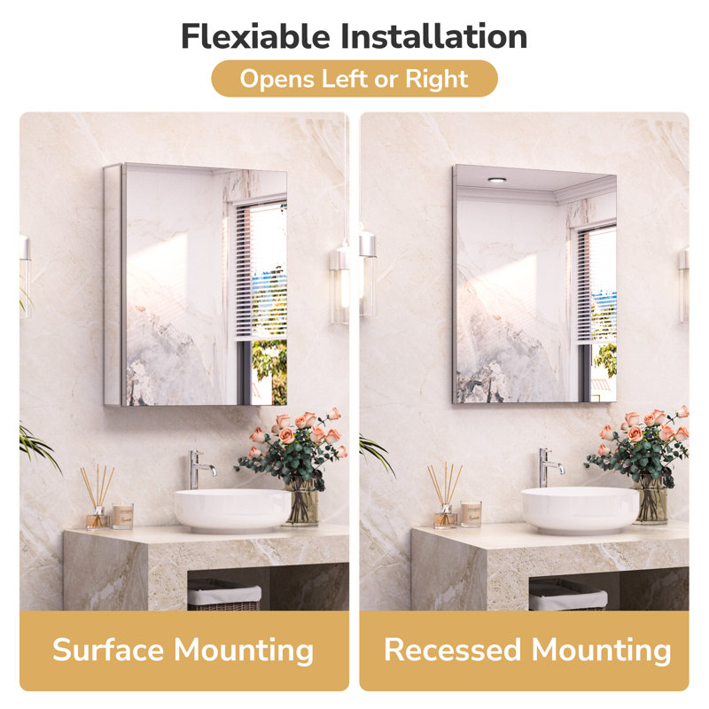Rectangle Frameless Aluminum Full Mirrored Tempered Glass Medicine Cabinet Surface&Recessed Mount with 2 Shelves, Silver