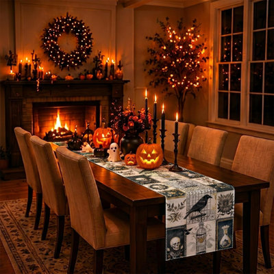 Chemin de table d'Halloween, chemin de table rétro, décorations d'Halloween rétro | Nappe Spooky, crâne gothique, jour des morts