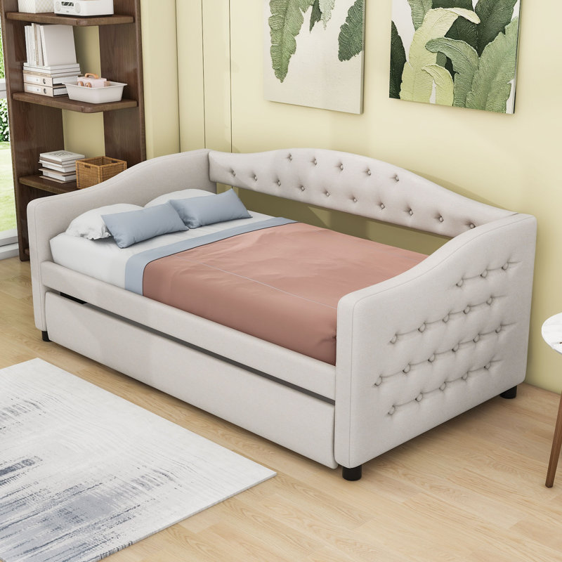 Lit de jour rembourré en lin avec couchette simple Peete, Beige