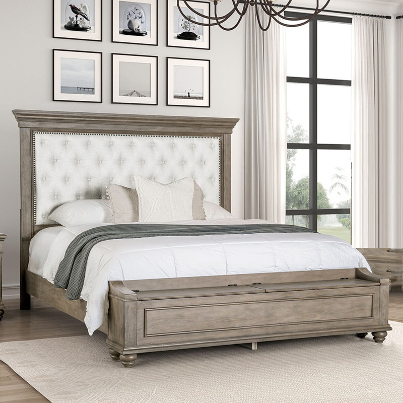 Lit traditionnel en chêne vieilli FB avec rangement et tissu de chambre à coucher rembourré beige, King