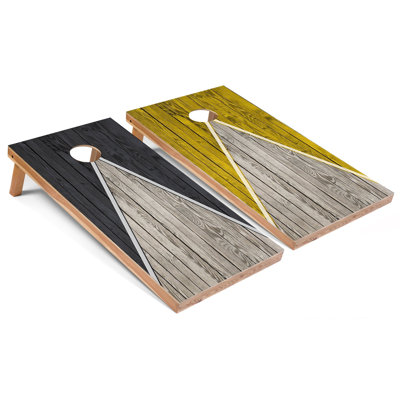 Ensemble de cornhole toutes saisons gris foncé et pyramide jaune | Comprend (2) planches (8) sacs et accessoires optionnels