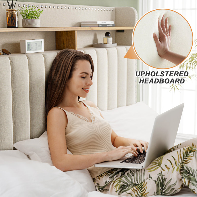 Francille Upholstered Bed Frame with Headboard，Storage Bed with 2 Drawers, King, Beige