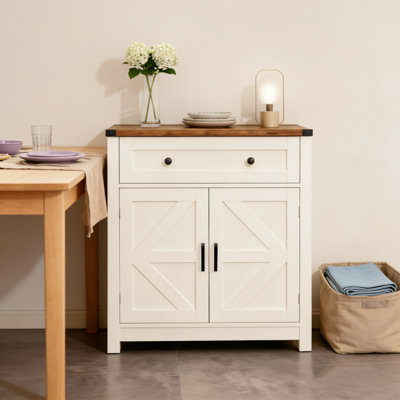 White Wood Grain Countertop, Farmhouse Barn Door Storage Cabinet With Drawers, Coffee Bar Sideboard, Suitable For Kitchen And Living Room Storage.