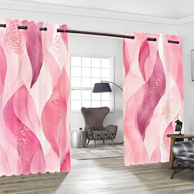2PCS Grommet Top Blackout Window Curtains, Abstract Watercolor Wavy Pink Printed Polyester Drapes, Thermal Insulated, Noise Reducing, Privacy Protection, Room Darkening Window Treatments for Bedroom Living Kitchen Indoor Home Decor