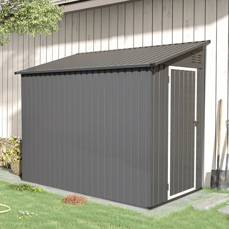 4' X 8' Lean-To Garden Shed,Metal Outdoor Storage Shed,Lockable Tool Storage, Gray
