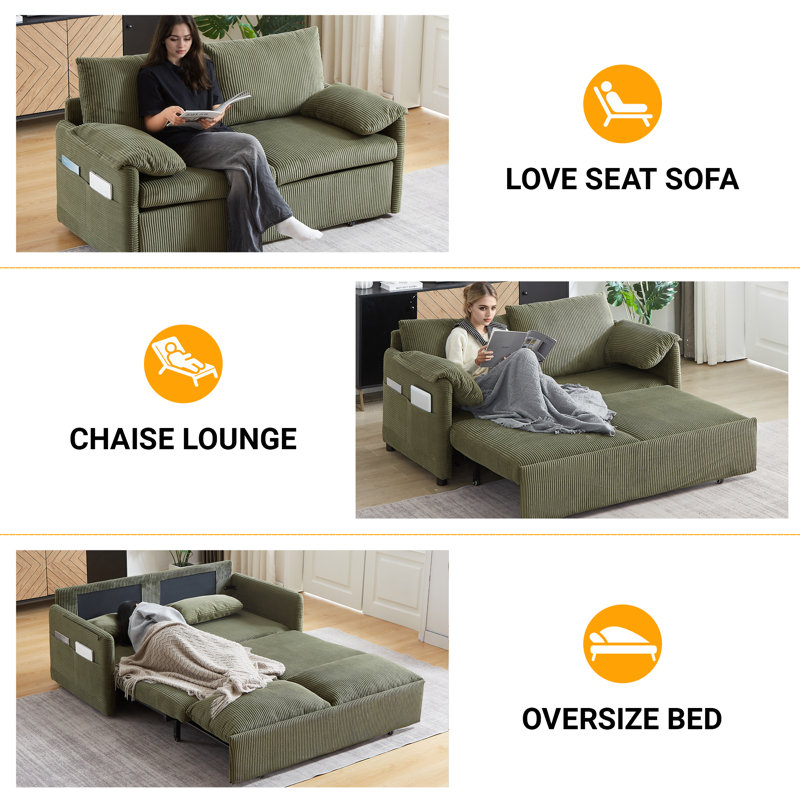 65" Convertible Sofa Bed Loveseat Chaise Lounge 3-In-1 Corduroy Full Size Pull Out Sleeper Couch With Side Pocket & Pillows