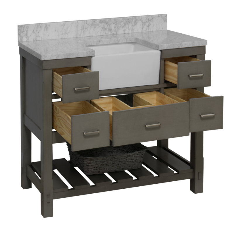Hitton 48" Single Bathroom Vanity Set with Weathered Gray Cabinet and Carrara Marble Countertop, Carrara Marble