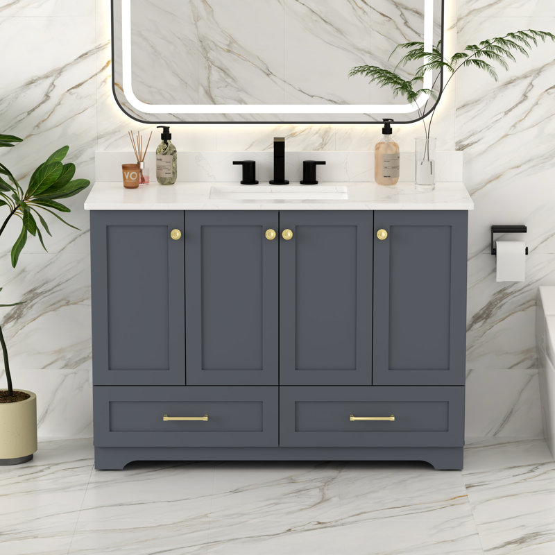Meuble-lavabo moderne 48 po avec comptoir en pierre de quartz, lavabo en céramique, couleur grise, Gris