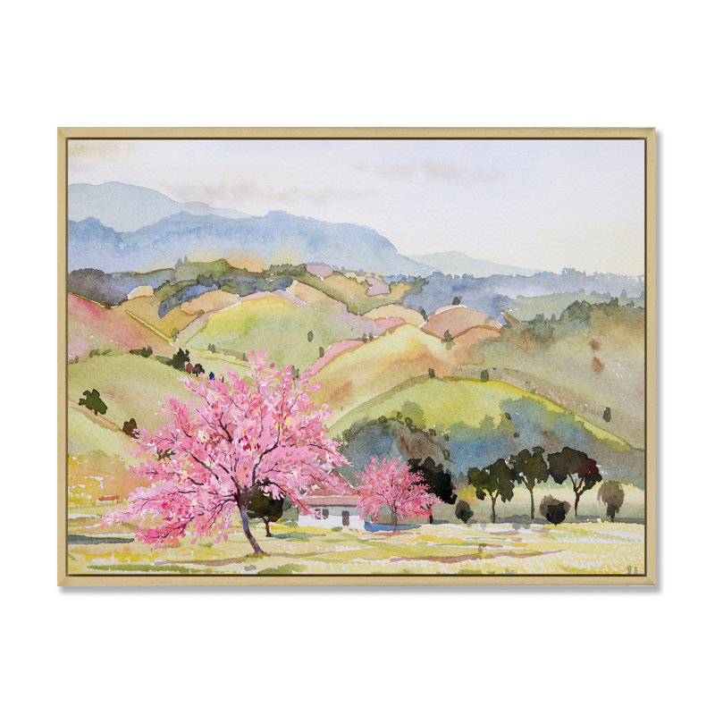 «Pink Mountain Tree in Autumn Landscape», peinture sur toile, L 32 po x H 16 po, Cadre flottant érable