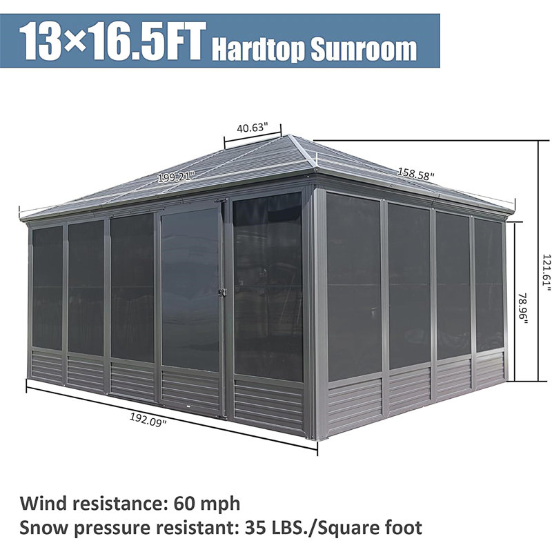 Remise de rangement pour solarium 13X16.5FT, Gris clair, H 121,61 po x l 199,21 po x P 158,58 po
