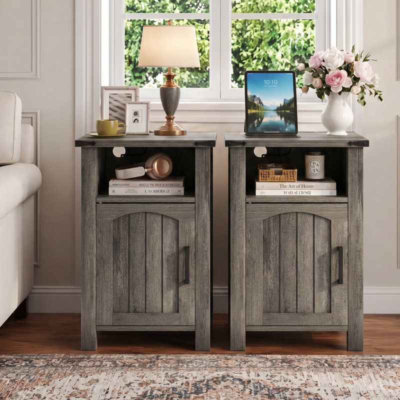 Ensemble de 2 tables de chevet rustiques avec station de charge, l 15,7 po x H 24 po, gris chêne, Chêne gris, 2