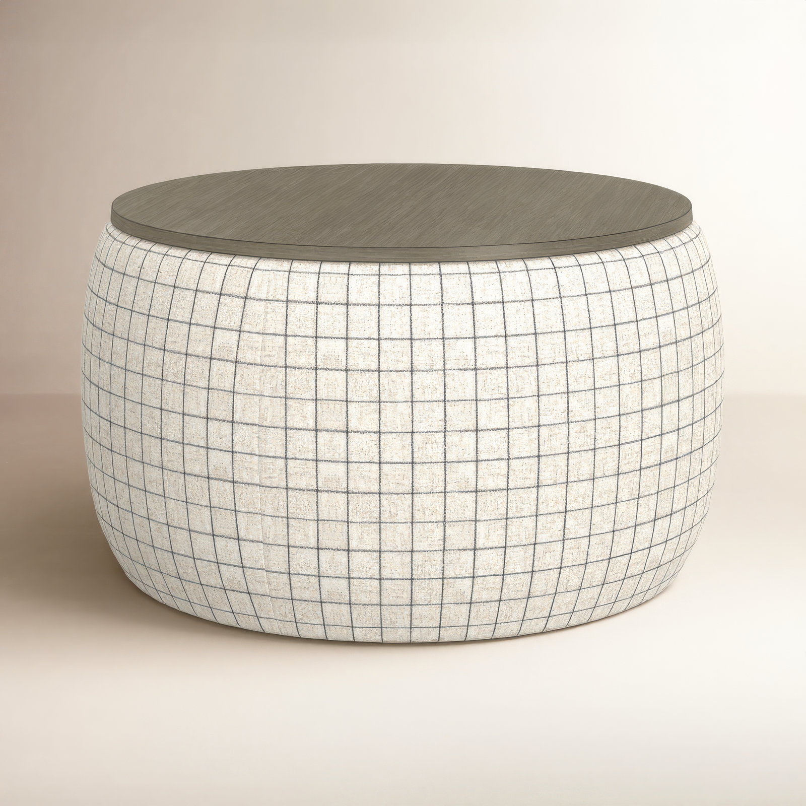 Icarus Upholstered Storage Ottoman with Wood Top, Charcoal Windowpane Polyester