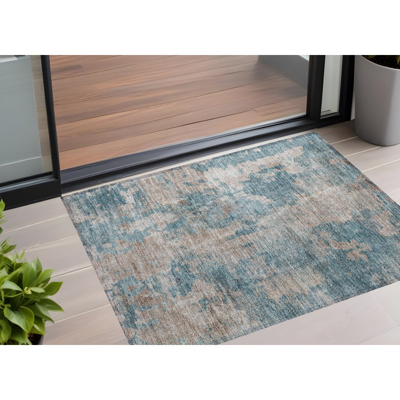 2' X 3' Blue Abstract Washable Non Skid Indoor Outdoor Area Rug, Teal/Taupe