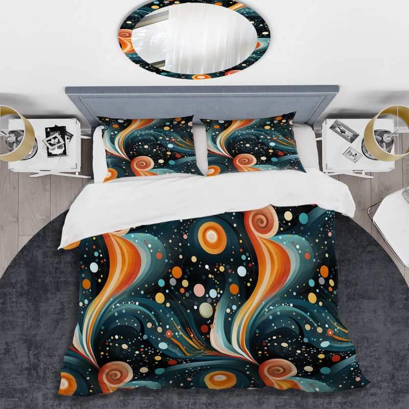 Teal And Orange Enchanted Waves Harmony - Geometric Duvet Cover Set, Housse de couette pour très grand lit et 2 très