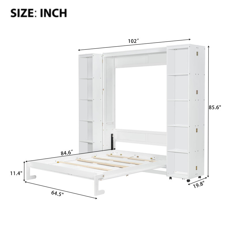 Grand lit escamotable mural avec portes de rangement intégrées, lit pliant peu encombrant, Blanc