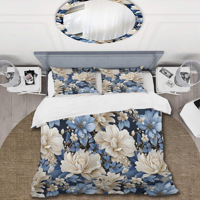 Ensemble de housse de couette à motif floral bleu rétro Romance Floral IV, Housse de couette pour grand lit et 2 taies décor