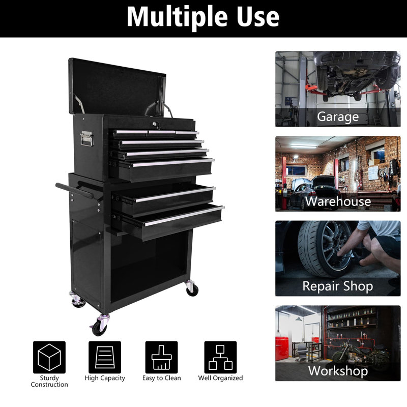 Coffre à outils avec 8 tiroirs, chariot à outils avec 7 plateaux de rangement et roues