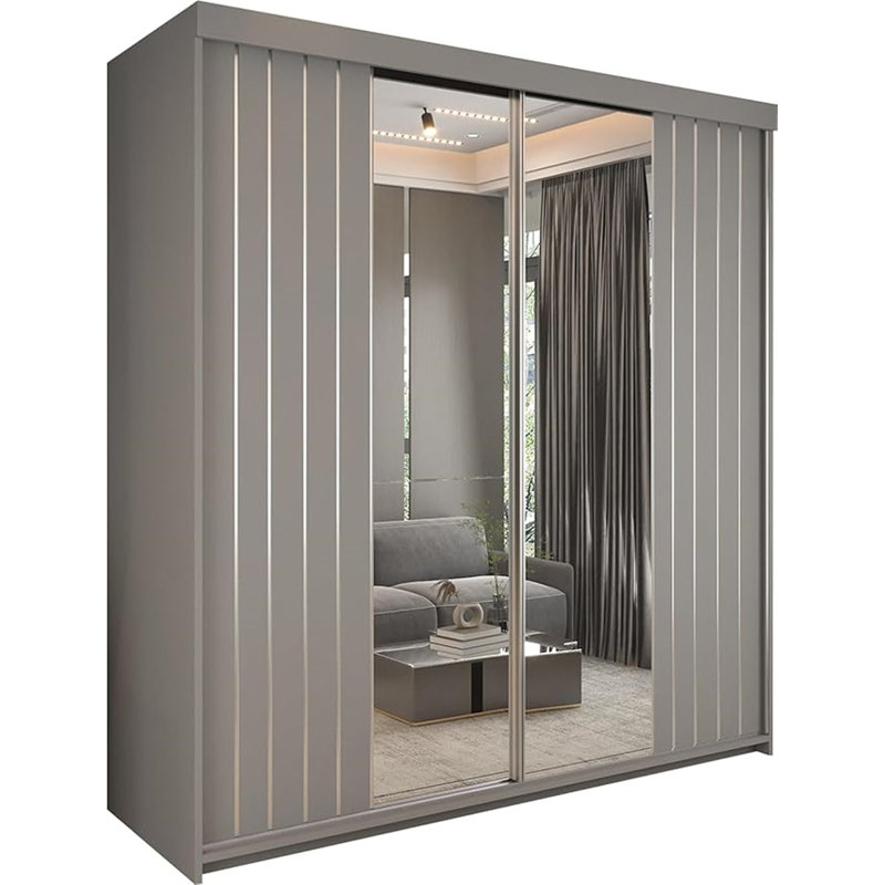 Modern Double Sliding Door Wardrobe in /Grey/Oak/White, Grey, 217cm H x 203cm W x 62cm D