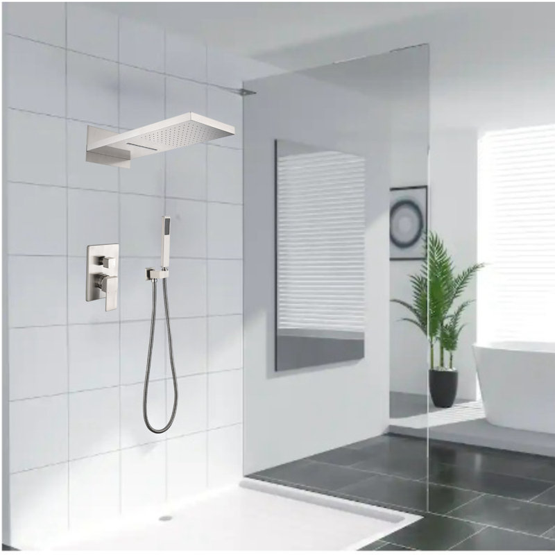 Ensemble de robinet de douche mural double cascade et chute de pluie avec pomme de douche à haute pression, Nickel brossé