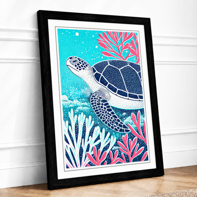 Turtle in Coral Garden Coastal 1 Piece Single Picture Frame Wall Art