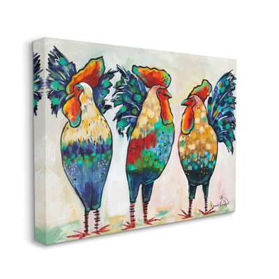 «Bold Patterned Chickens Hens Vivid Feathers debout» par Karrie Evenson - peinture sur toile tendue