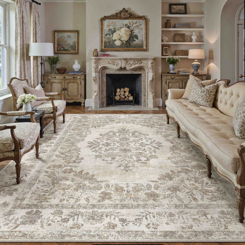 Tapis oriental lavable à la machine avec envers antidérapant Stella, Beige, Rectangulaire 8 pi x 10 pi