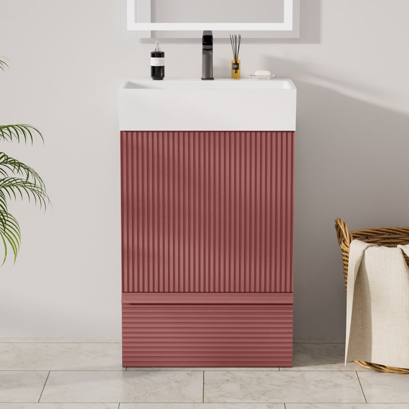 Meuble-lavabo autoportant pour salle de bain moderne à rayures 20 po avec lavabo en céramique, Rouge