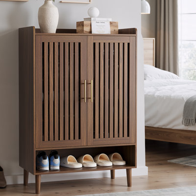 24 Pairs Shoe Cabinet with Slatted Doors, Wood Shoe Organizer with 7 Tier Adjustable Shelves for  Entryway,Living Room