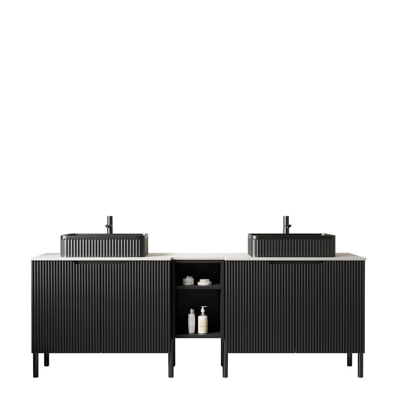 Meuble-lavabo double autoportant 72 po avec lavabos 72 po, 2 armoires de rangement rayées 30 po + tablette ouverte amovible 12 po, 2 vasques rectangulaires rayées noires avec comptoir Carrara blanc, noir